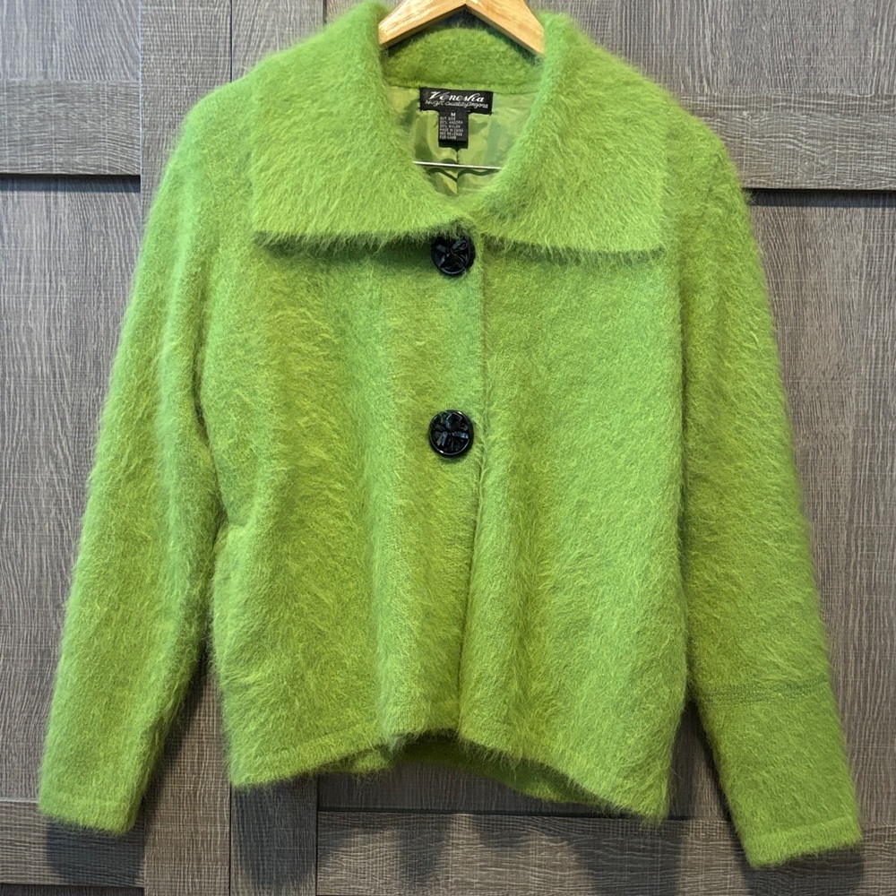Vintage Venesha Angora-Lined Bright Green Teddy Jacket with Button Front